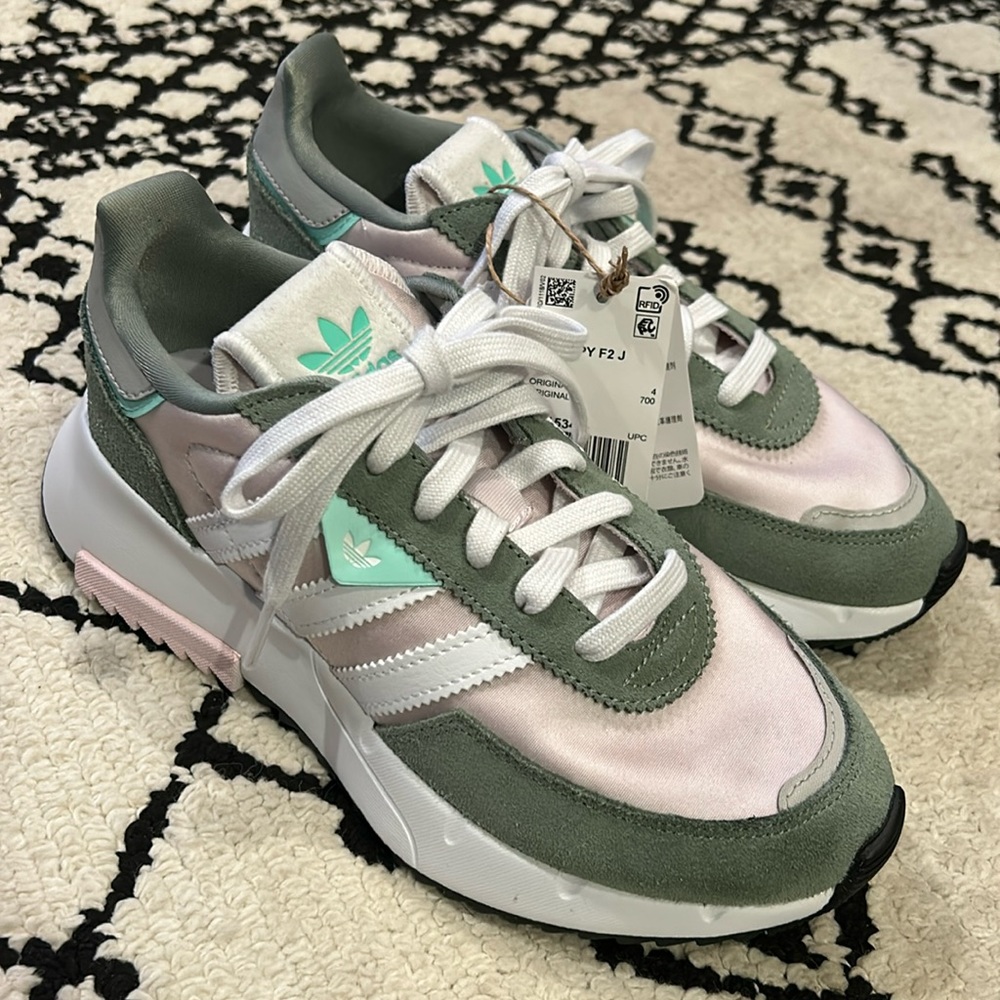 adidas Kids Sneakers in Sage Green, Mint, White, Pink Accents